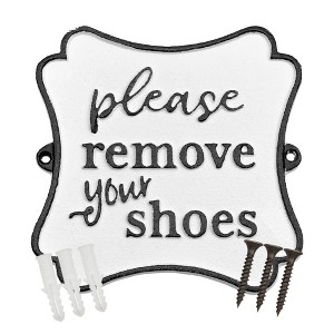 AuldHome Design Please Remove Your Shoes Black and White Cast Iron Sign: Rustic Farmhouse Metal Plaque - 1 of 4