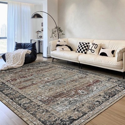 Washable Rug Distressed Vintage Medallion Rug with Non Slip Backing