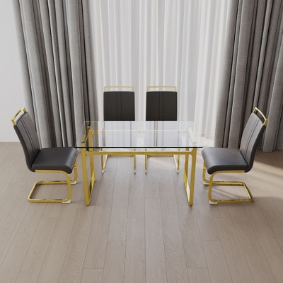 NicBex Dining Table Set for 4 Modern Glass Dining Table with Glass Tabletop, Geometric Legs and 4 PU Chairs for Dining Room