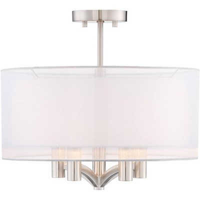 Elegant Brushed Nickel 21" Semi-Flush Ceiling Light with Sheer Silver Double Drum
