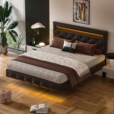 Queen Size Floating Bed Frame with LED Lights,Upholstered Leather Headboard Platform, Under Storage Space, Solid Wood Slats,Brown