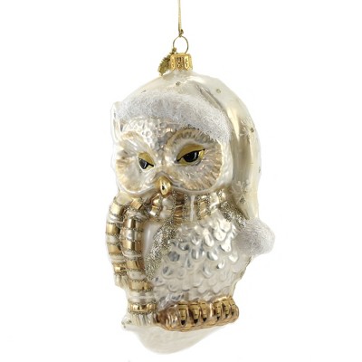 Huras 6.5" Sleepy Time Snow Owl Ornament Bird Feather Wise  -  Tree Ornaments