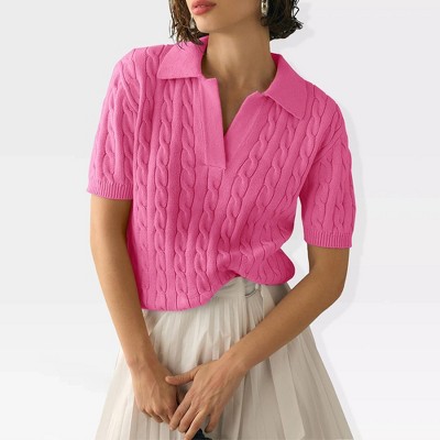 Womens Sweater Knit Tops Short Sleeve No Buttom Polo Collar Sweater Ribbed Cuff Fancy Knitwear