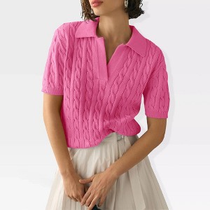 Womens Sweater Knit Tops Short Sleeve No Buttom Polo Collar Sweater Ribbed Cuff Fancy Knitwear - 1 of 4