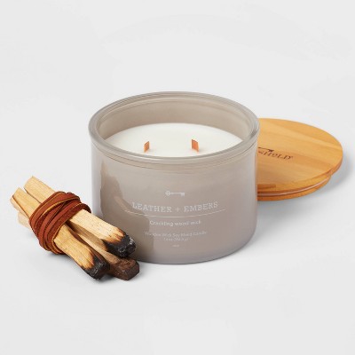 14oz Lidded Gray Glass Jar Crackling Wooden 3-Wick Candle with Clear Label Leather + Embers - Threshold&#8482;