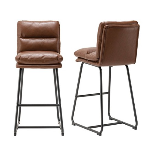 Set of 2 Modern Thick Leatherette Bar Stools with Metal Legs Brown Glitzhome