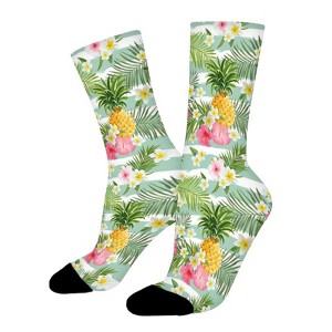 Pineapple And Hawaiian Flowers Women Printed Crew Socks Funny Funky Socks Soft Polyester Novelty Gifts for Artists Men - 1 of 1