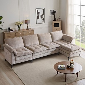 Karl Home |129.1 in. W Pillow Top Arm Double-layer Cushion Corduroy L-shaped Sectional Sofa in Brown - 1 of 1
