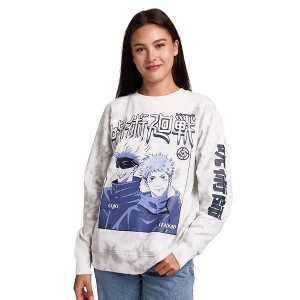 Jujutsu Kaisen Gojo & Itadori Kanji Women’s White Cloud Wash Crew Neck Long Sleeve Fleece Sweatshirt - 1 of 4
