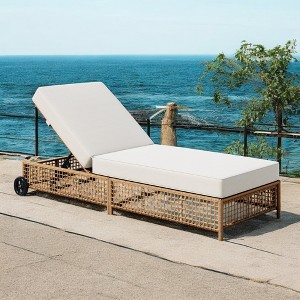 Mshliw Outdoor Lounge Chair with 5-Position Backrest, Rattan Chaise Lounge with Cushion and Wheels for Poolside, Backyard & Garden - 1 of 4