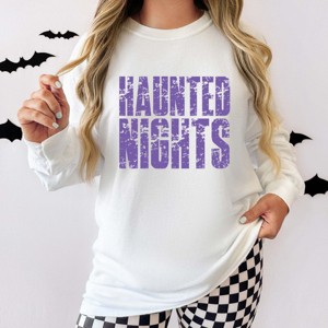Haunted Nights Block Distressed - Women's Garment Dyed Long Sleeve Graphic T-Shirt - 1 of 4