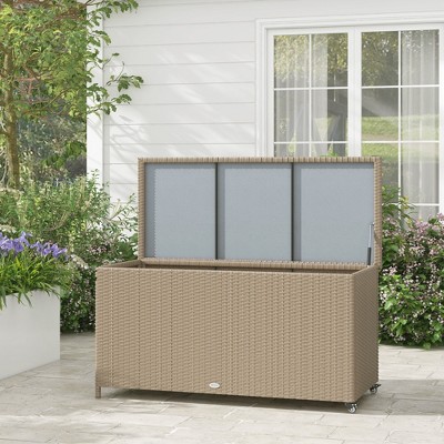 Large Brown Wicker Plastic Deck Box with Wheels