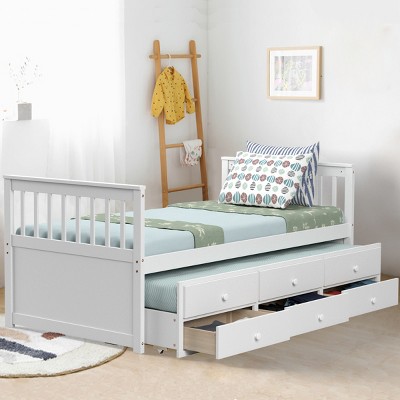 White Twin Pine Wood Captain's Bed with Trundle and Storage Drawers