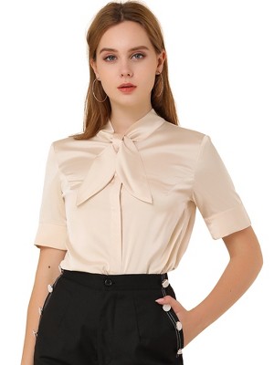 Allegra K Women's Long Sleeve Bow Neck Contrast Casual Work Button