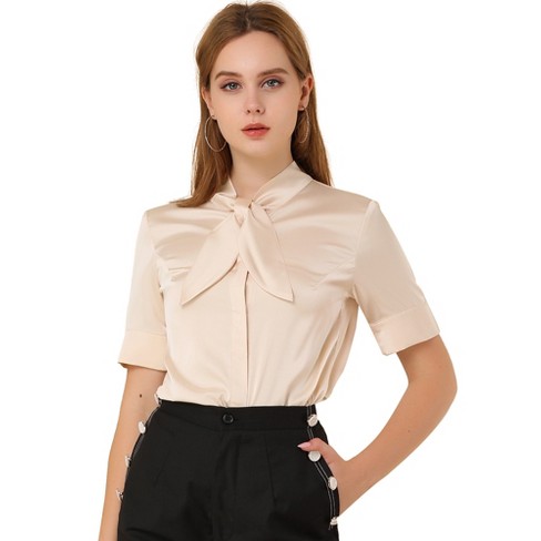 Allegra K Women's Work Tops Career Tie Neck Short Sleeve Satin Elegant  Button Down Shirt Beige Small