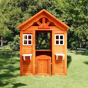 Outdoor Playhouse for 3-8 Years Boys Girls with Flowerpot Holder Window Pretend Play Wooden Cottage Playhouse for Outdoor Garden Lawn Patio Yard - 1 of 4