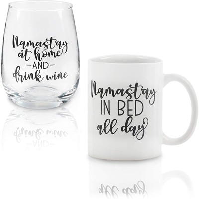Okuna Outpost 2 Pieces Funny Ceramic Coffee Mug and Stemless Wine Glass Set, NamaStay