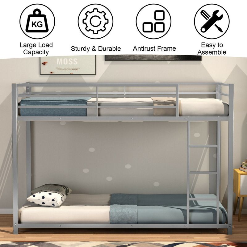 Costway Twin Bunk Bed Twin Over Frame Platform W/ Guard Rails & Side Ladder Silver, 5 of 9