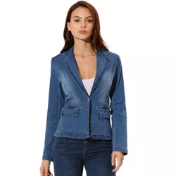Alegra K Women's Notched Lapel Button Down Long Sleeve Washed Denim Blazer Jacket Mid Blue X-Large