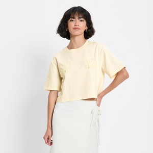 Women's Short Sleeve Seashell Beaded T-Shirt - Future Collective Cream - 1 of 4