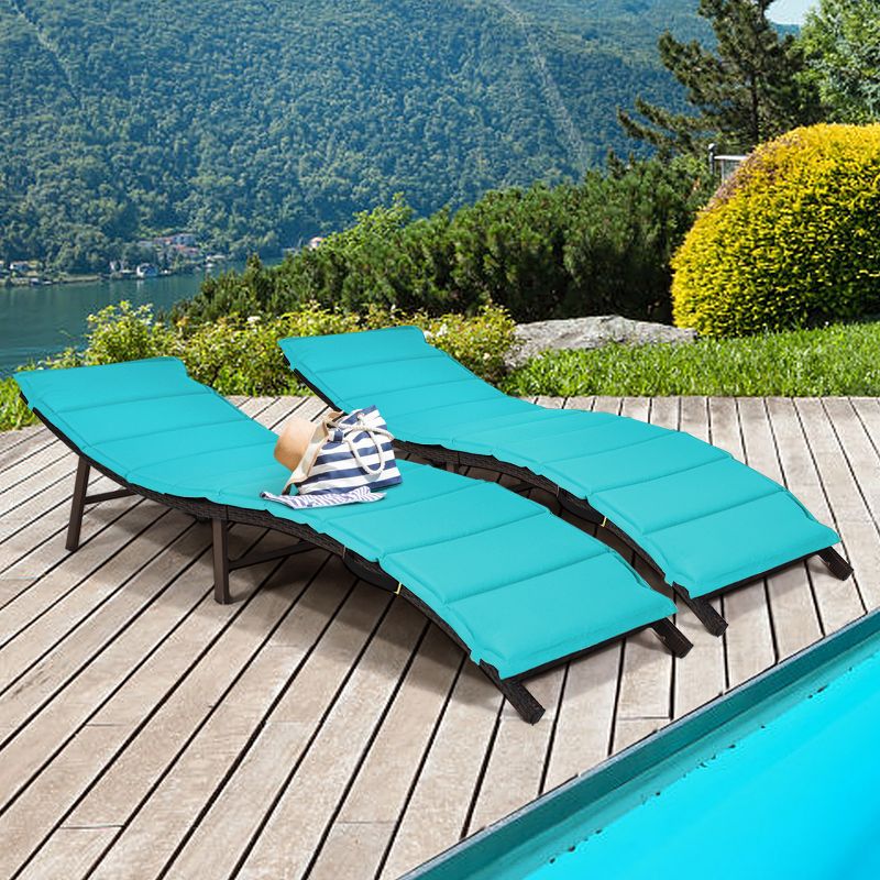 Tangkula 2PCS Outdoor Patio Rattan Wicker Lounge Chair Chaise Folding W/Cushions Turquoise, 4 of 10