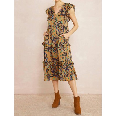 Women's Ruffled Pocket Printed Dress - entro