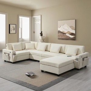 128" 6-Seat U-Shaped Chenille Sectional Sofa with Oversized Ottoman, Hidden Armrest Storage, Cup Holders & USB Charging Ports - 1 of 4