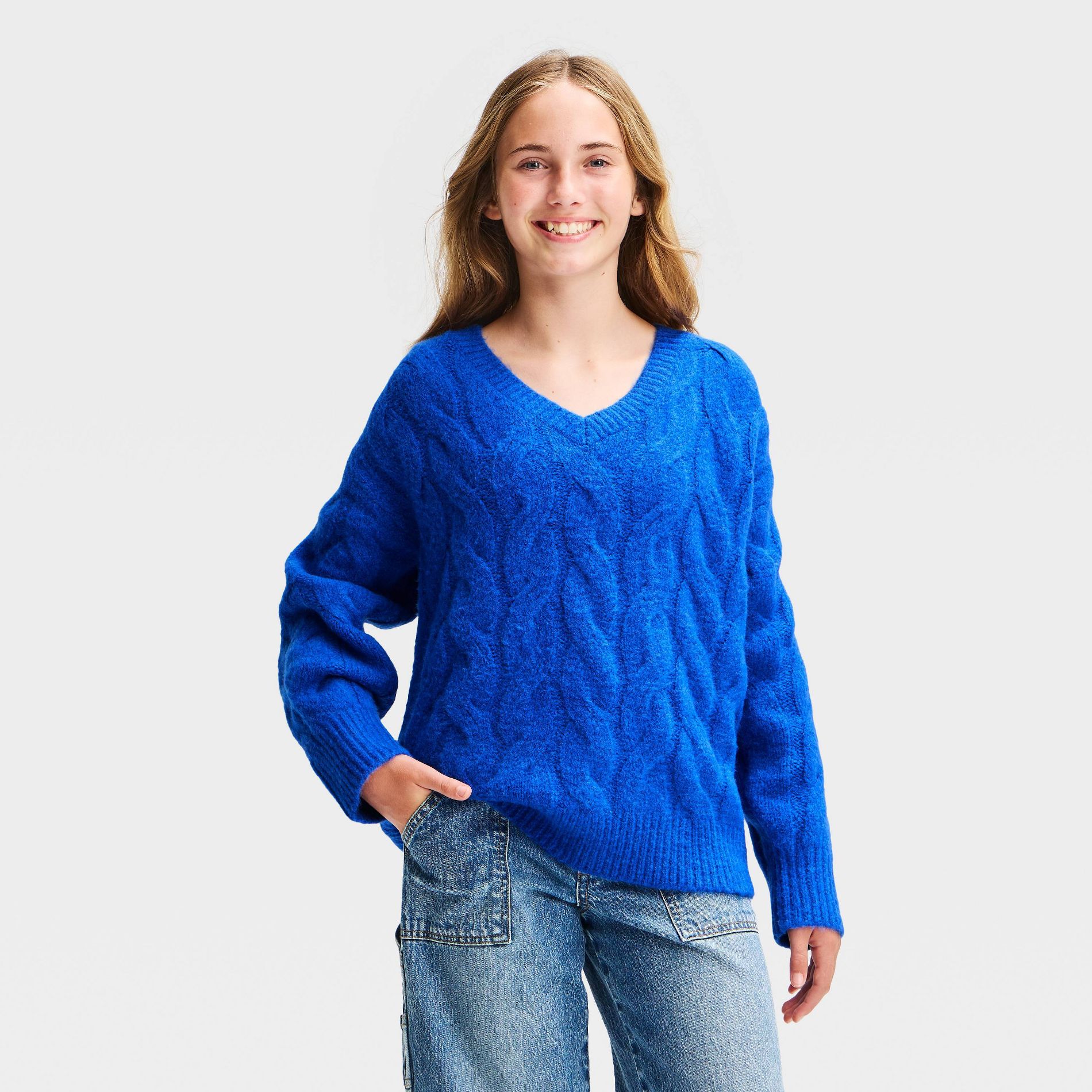 Girls' Oversized Cable V-Neck Sweater - art class™