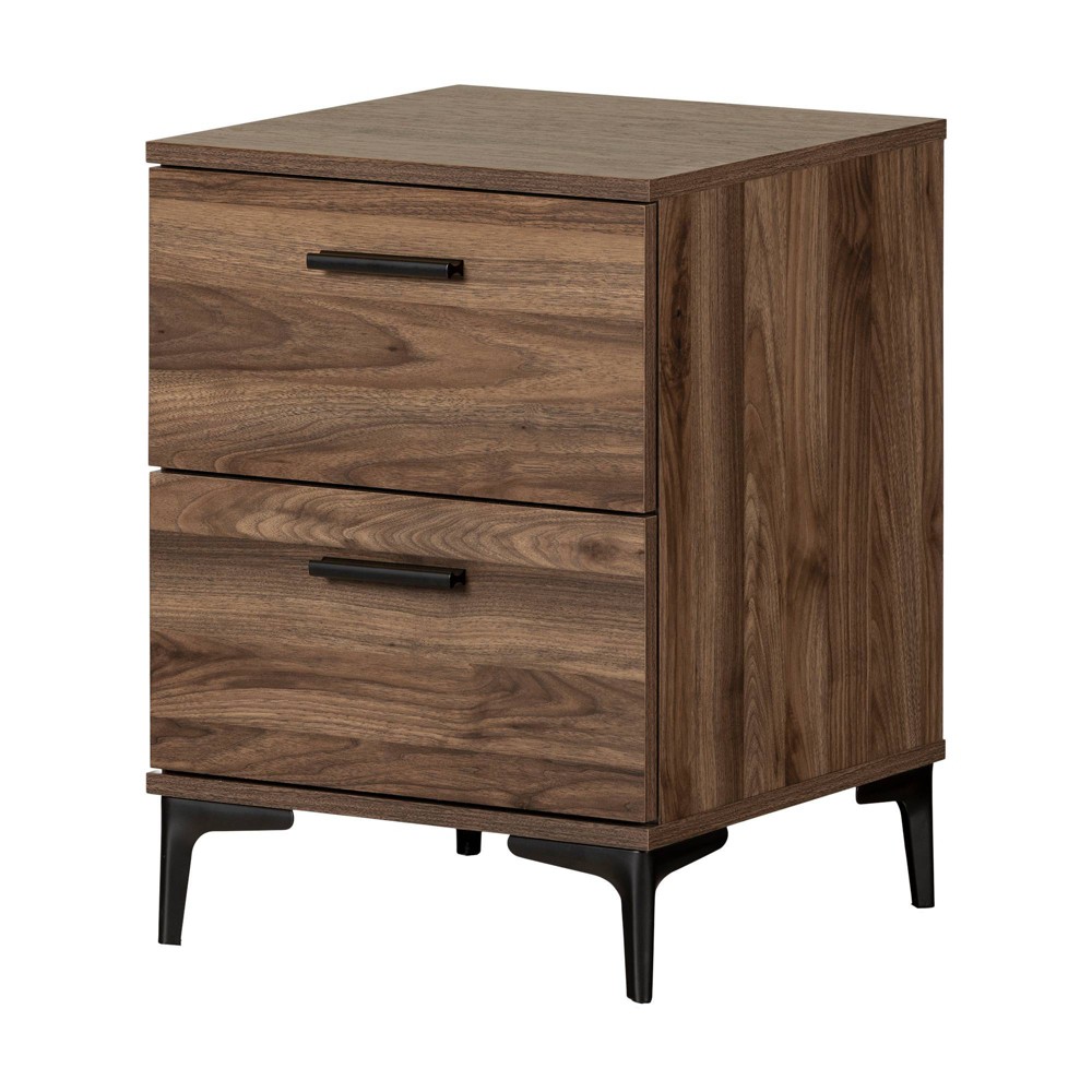 South Shore Slendel Side Table Natural Walnut: Modern Design, Metal Legs, Dual Storage Drawers