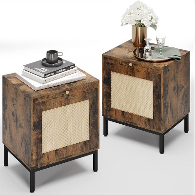 Homhougo Natural Rattan Nightstand Set of 2, Boho Bedside with Storage, End Table with Natural Rattan Decorated Drawers, Solid Metal Legs, Brown