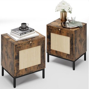 Homhougo Natural Rattan Nightstand Set of 2, Boho Bedside with Storage, End Table with Natural Rattan Decorated Drawers, Solid Metal Legs, Brown - 1 of 4