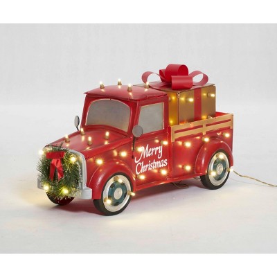 Red Metal LED Truck with Gift Box Sculpture, 28-inch