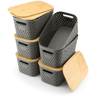 Aoibox Plastic Storage Bins with Bamboo Lids Gray 6 Packs Decorative Stackable Organizing Baskets for Pantry Closet Office