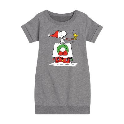 - Peanuts - Snoopy & Woodstock House Sleigh Graphic Short Sleeve Fleece Dress