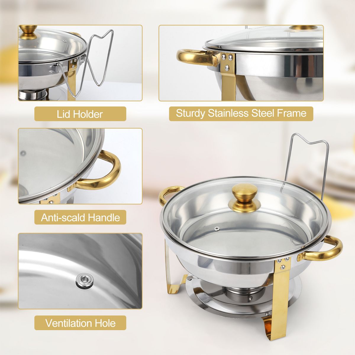 Chafing Dishes, 5QT Buffet Servers, Round Catering Food Warmers Stainless Steel Chafing Dish Buffet Set with Glass Lid & Lid Holder, 4 Packs - thumbnail 4