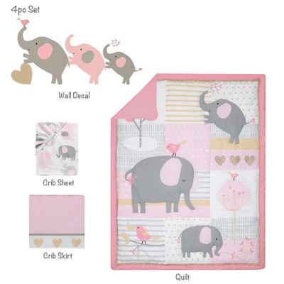 Pink and Gray Cotton Poly Blend Elephant Nursery Bedding Set