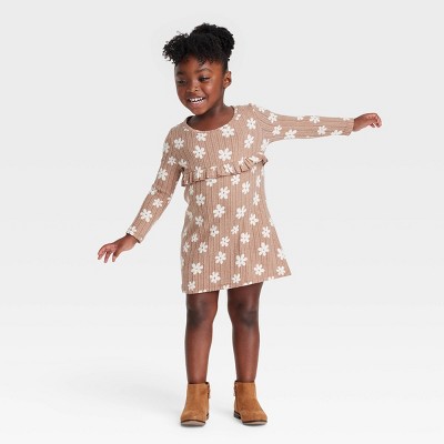 Grayson Collective Toddler Girls' Cozy Floral Ribbed Long Sleeve Dress - Brown