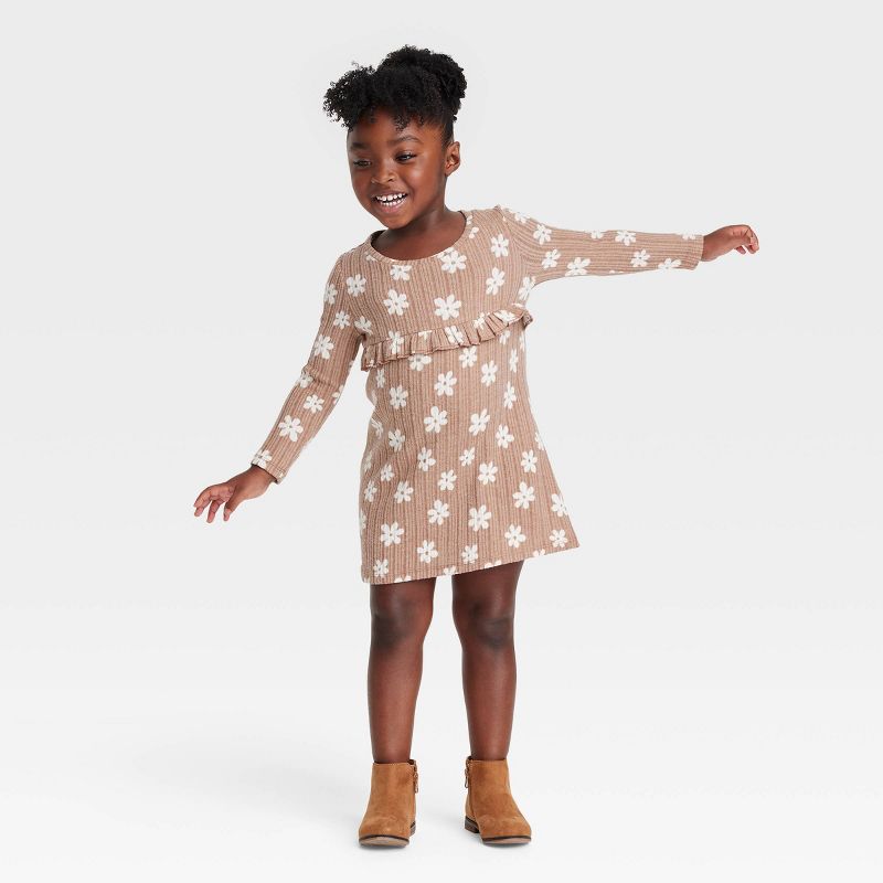 Grayson Collective Toddler Girls' Cozy Floral Ribbed Long Sleeve Dress - Brown, 1 of 8