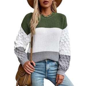 Women's Casual Trendy Loose Crew Neck Long Sleeve Colorblocked Ribbed Knit Sweater Top - 1 of 4