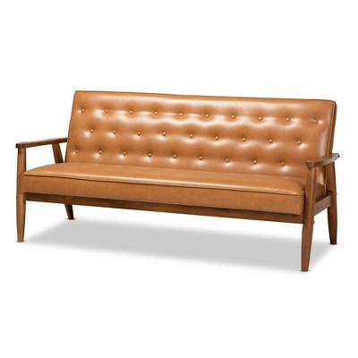 Sorrento Mid-Century Faux Leather Upholstered Wood Sofa Walnut/Brown - Baxton Studio