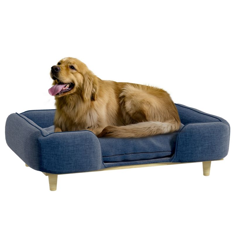PawHut Dog Sofa, Raised Dog Couch with Comfortable Cushion, Pine Wood Legs, Foot Pads, Pet Sofa for Large-Sized Dogs Indoor Use, Dark Blue, 1 of 7