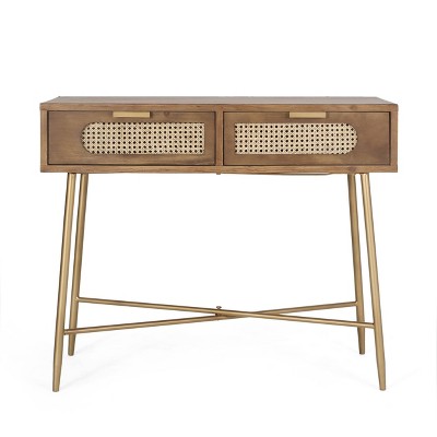 Alzada Rustic Glam Console Table with Wicker Accents Walnut/Natural/Antique Gold - Christopher Knight Home