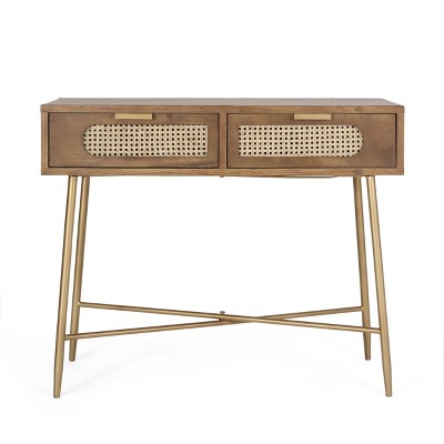 Alzada Rustic Glam Console Table with Wicker Accents Walnut/Natural/Antique Gold - Christopher Knight Home