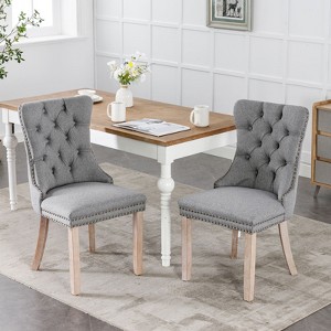 APRILSOUL  High-end Tufted Contemporary Flax Upholstered Dining Chair with Wood Legs Nailhead Trim 2-Pcs Set - 1 of 4