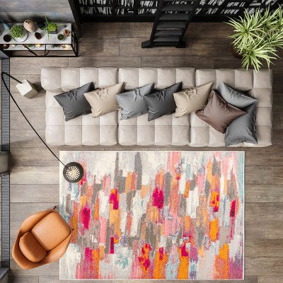 8' x 10' Ivory and Pink Abstract Brushstroke Synthetic Area Rug