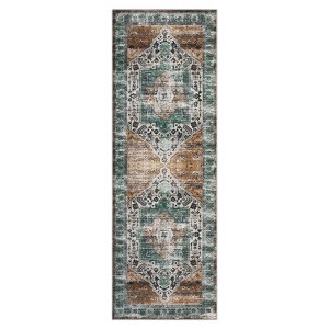 2'x6' Washable Floral Living Room Rugs, Distressed Chenille Non Slip Bedroom Carpet, Retro Accent Large Throw Rugs for Dining Room Kitchen, Rust - 1 of 4