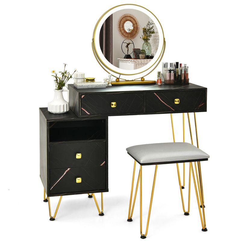 Costway Vanity Table Stool Set Dimmer LED Mirror Large Storage Cabinet Drawer Walnut\ Black\Brown\White, 2 of 15