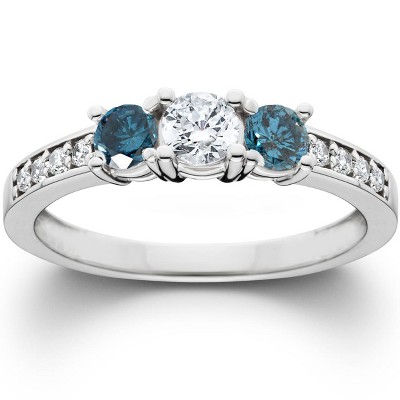 Pompeii3 1ct Blue Diamond 3 Stone Engagement Ring 14K White Gold