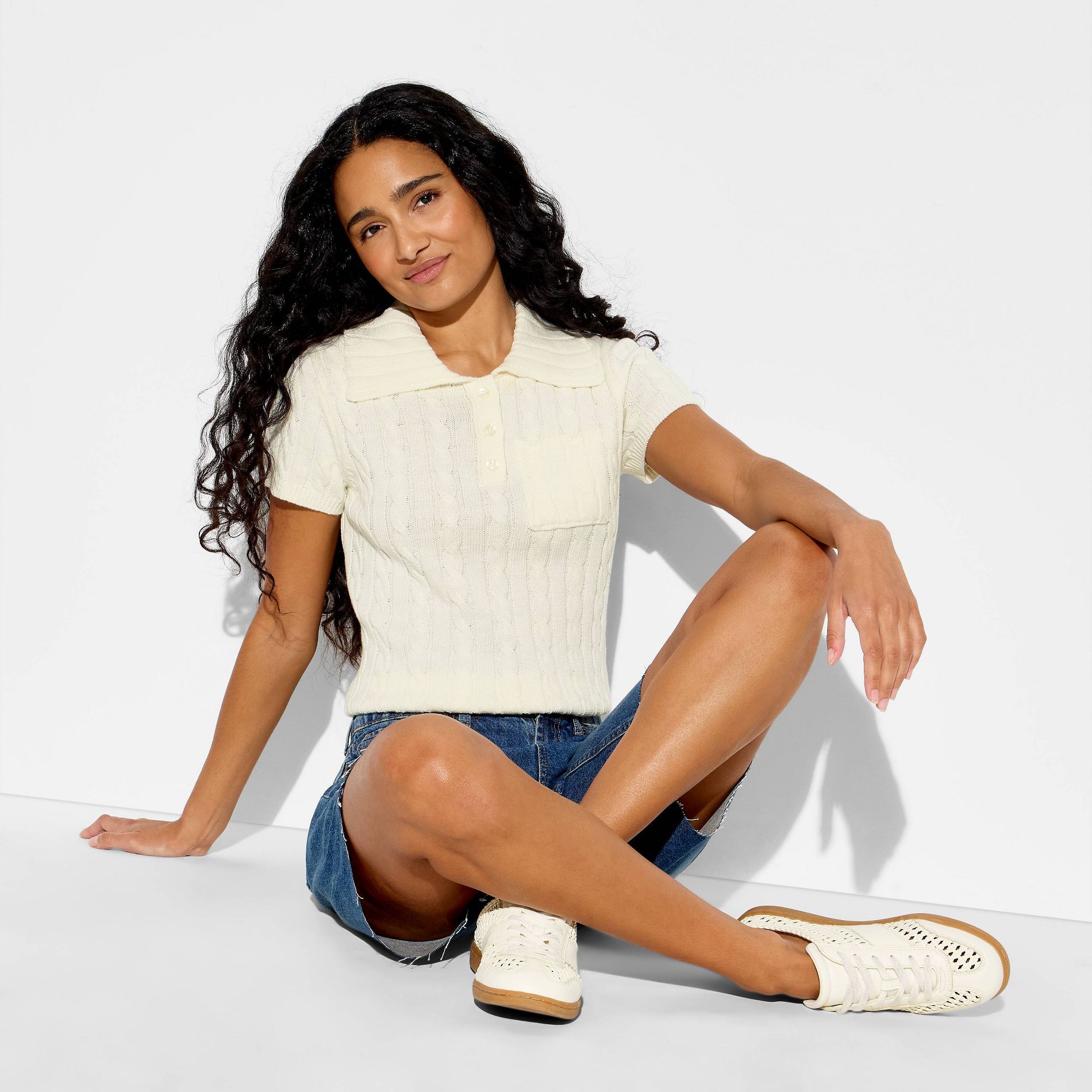 Women's Short Sleeve Cable Polo Pullover Sweater - Wild Fable™