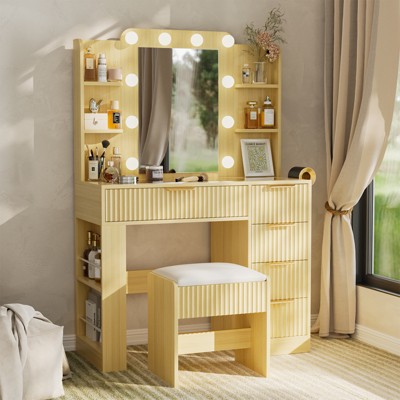 Buenhomino Vanity Desk with Llight Sliding Mirror and 5 Drawers, Makeup Vanity Table Set for Bedroom
